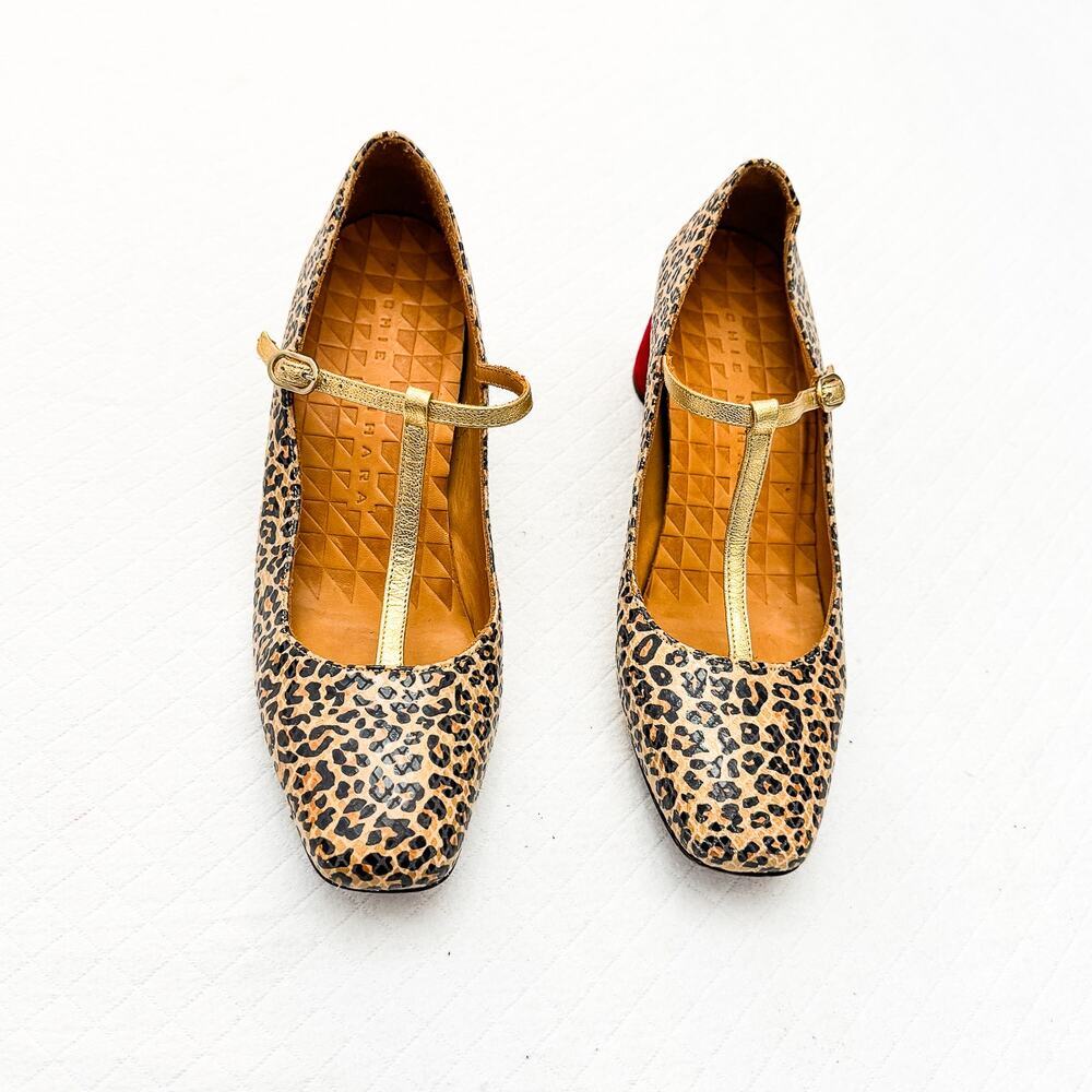 Chie Mihara Animal Print Heels with Gold Straps